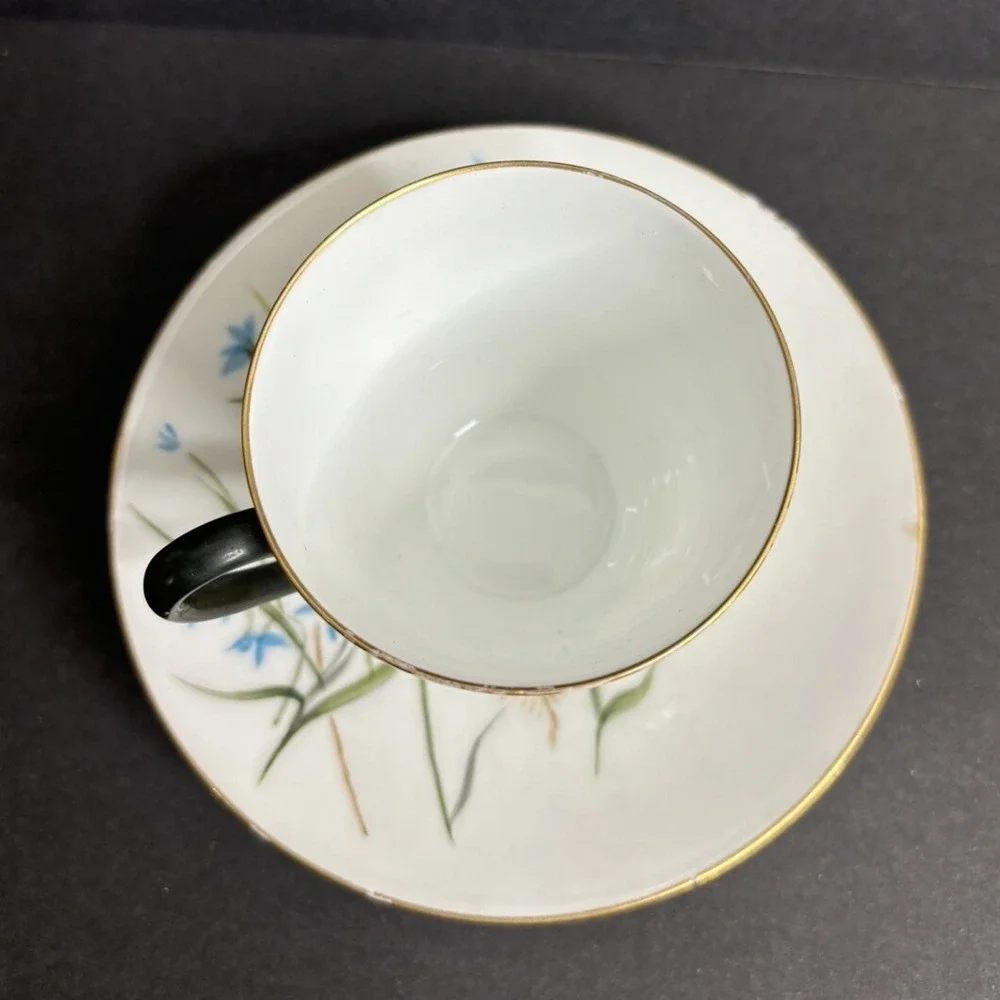 Antique 1997 Hand Painted Tea Cup and Saucer Blue Iris AJC LJC Demitasse